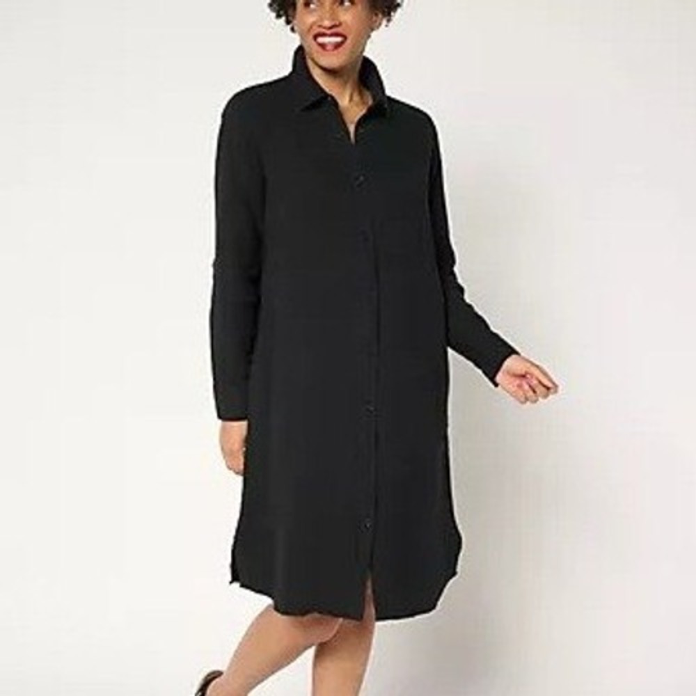 Denim & Co Beach Petite Small Black Cotton Gauze Button Front Dress A686910